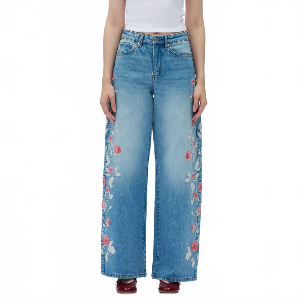 NEW BAYEAS charlie floral embroidery wide leg jeans in light blue